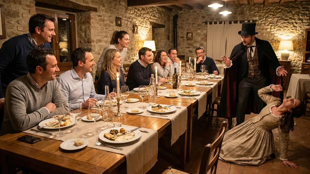 Krimidinner in Braunschweig - Erwachsene verfolgen am gedeckten Tisch eine Krimi-Aufführung