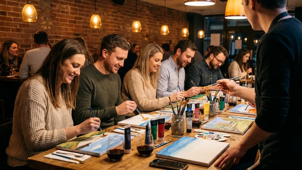 Painting Party in Braunschweig - Erwachsene malen an Leinwänden in gemütlicher Bar-Atmosphäre