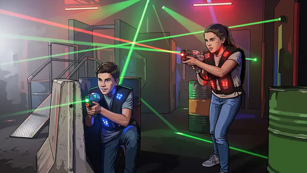 Lasertag in Braunschweig – zwei Personen mit Laserpistolen in einer dunklen Arena mit Neonlicht
