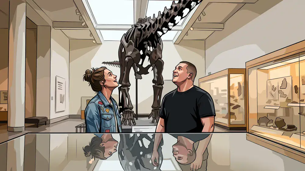 Naturhistorisches Museum in Braunschweig – zwei Personen bestaunen Exponate in einer hellen Ausstellungshalle