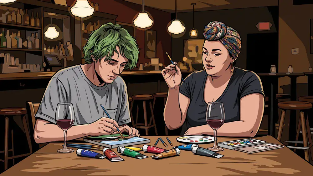 Painting Party in Braunschweig – zwei Personen malen an Leinwänden in gemütlicher Bar-Atmosphäre
