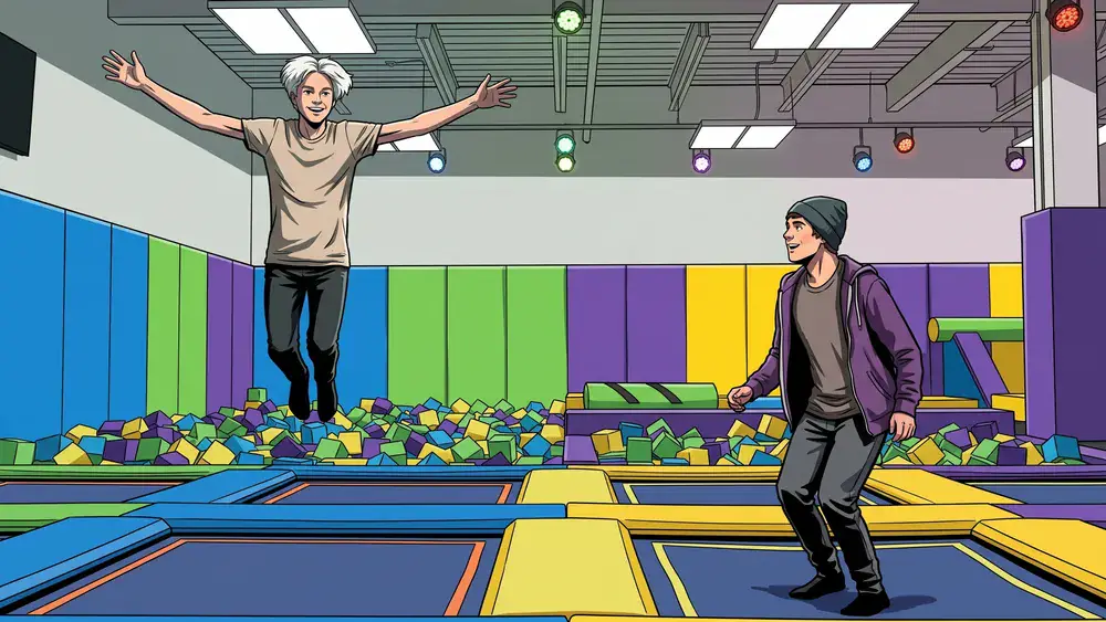 Trampolinpark in Braunschweig – zwei Personen springen auf bunten Trampolinen in einer großen Halle