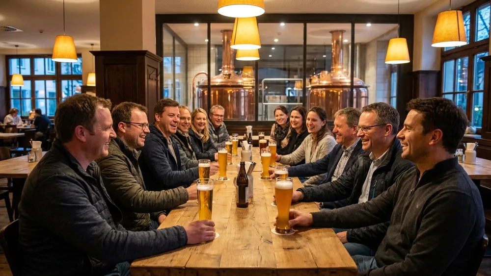 Schadt's Brauerei Braunschweig – Team trinkt hausgebrautes Bier an langen Tischen vor sichtbaren Kupferkesseln