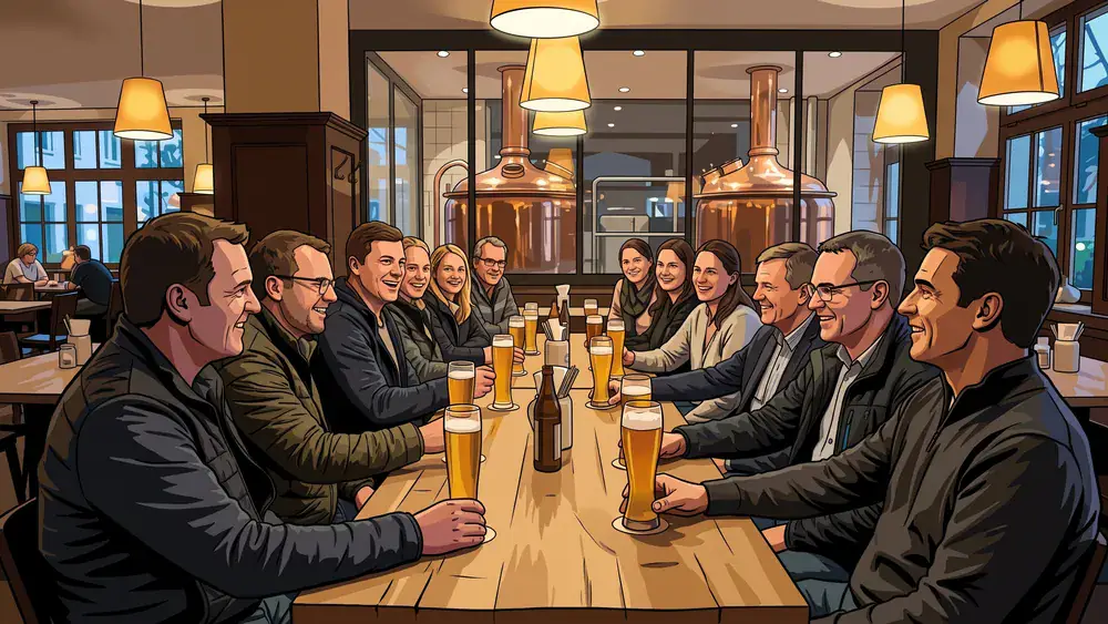 Schadt's Brauerei Braunschweig – Team trinkt hausgebrautes Bier an langen Tischen vor sichtbaren Kupferkesseln