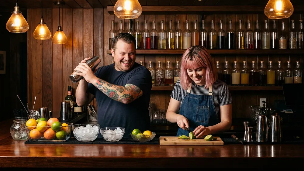 Cocktailkurs in Braunschweig – Team mixt Cocktails an einer Bar unter Anleitung in der Innenstadt