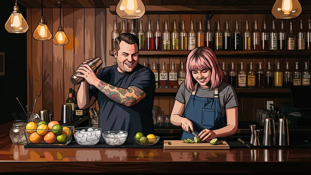 Cocktailkurs in Braunschweig – Team mixt Cocktails an einer Bar unter Anleitung in der Innenstadt