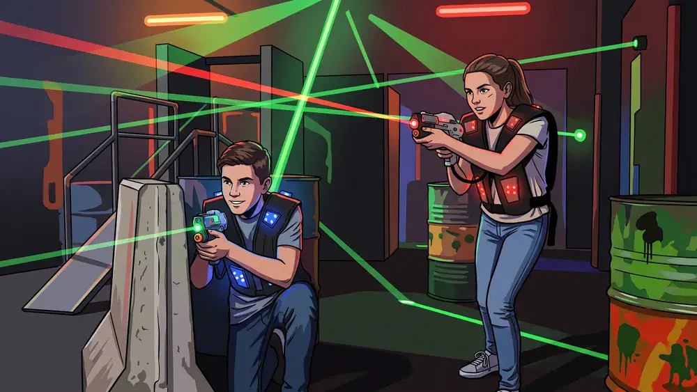 Lasertag in Braunschweig – Team in tactical vests spielt in einer dunklen Arena mit Neonlicht