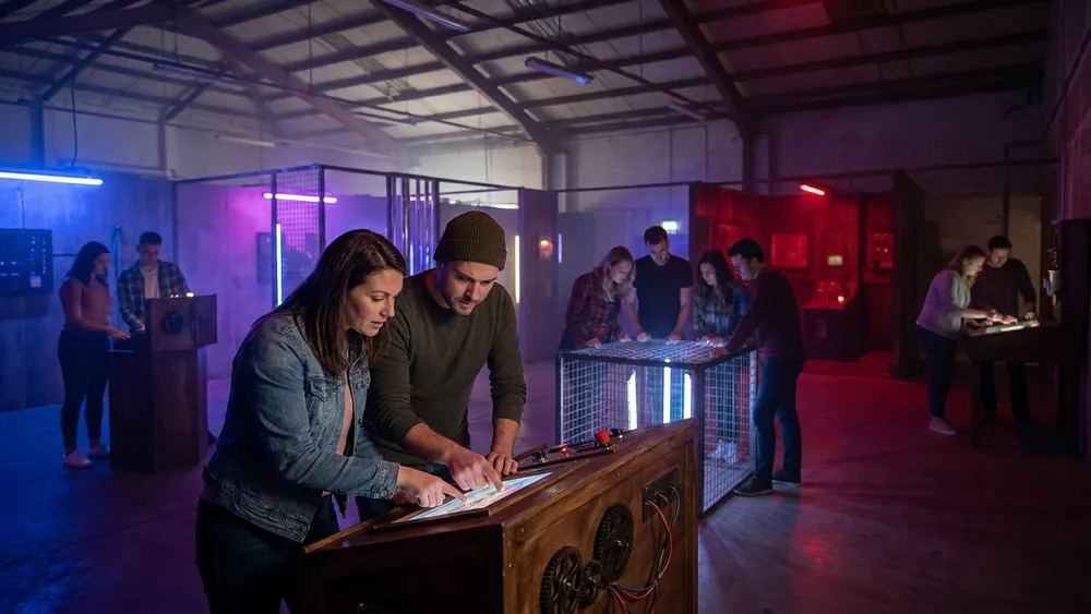 Mind Arena in Braunschweig – Team löst Rätsel an mehreren beleuchteten Stationen in einer großen Escape-Game-Halle