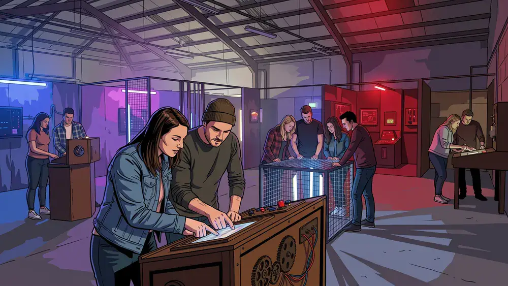 Mind Arena in Braunschweig – Team löst Rätsel an mehreren beleuchteten Stationen in einer großen Escape-Game-Halle