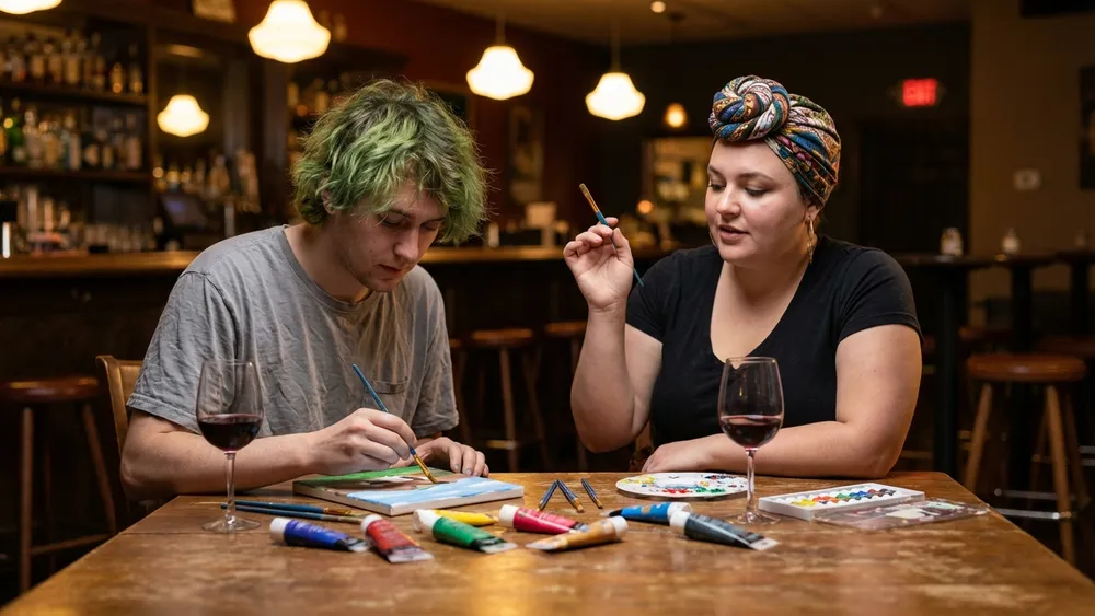 Painting Party in Braunschweig – Team malt an Staffeleien mit Wein in gemütlicher Bar-Atmosphäre