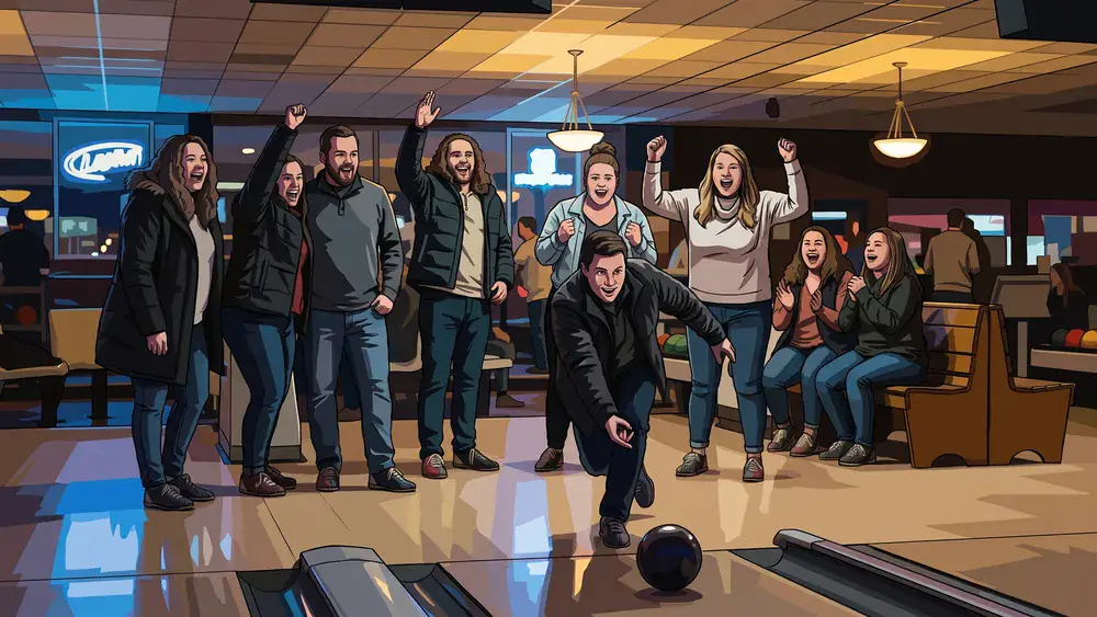 Bowling in Braunschweig – JGA-Gruppe jubelt an der Bahn nach einem Wurf