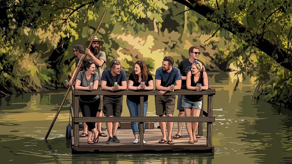 Floßfahrt in Braunschweig – JGA-Gruppe treibt auf dem Floß über die Oker