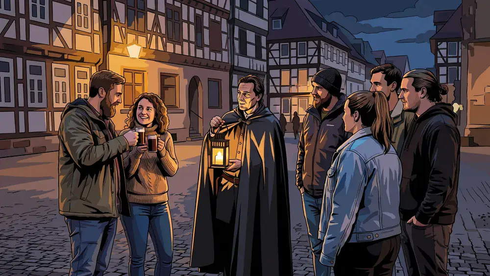 Nachtwächter-Tour in Braunschweig – JGA-Gruppe folgt dem Nachtwächter mit der Laterne durch die Altstadt