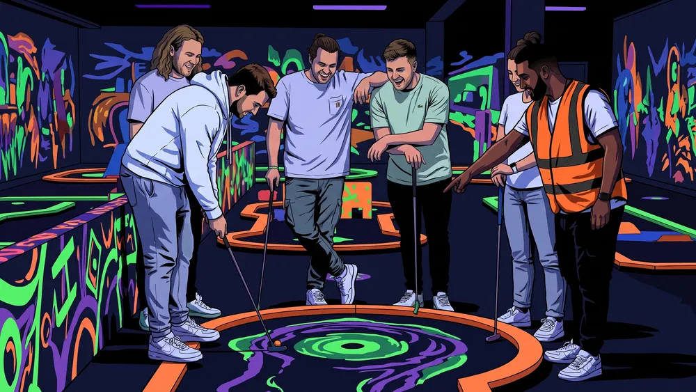 Schwarzlicht-Minigolf in Braunschweig – JGA-Gruppe spielt eine leuchtende Neonbahn
