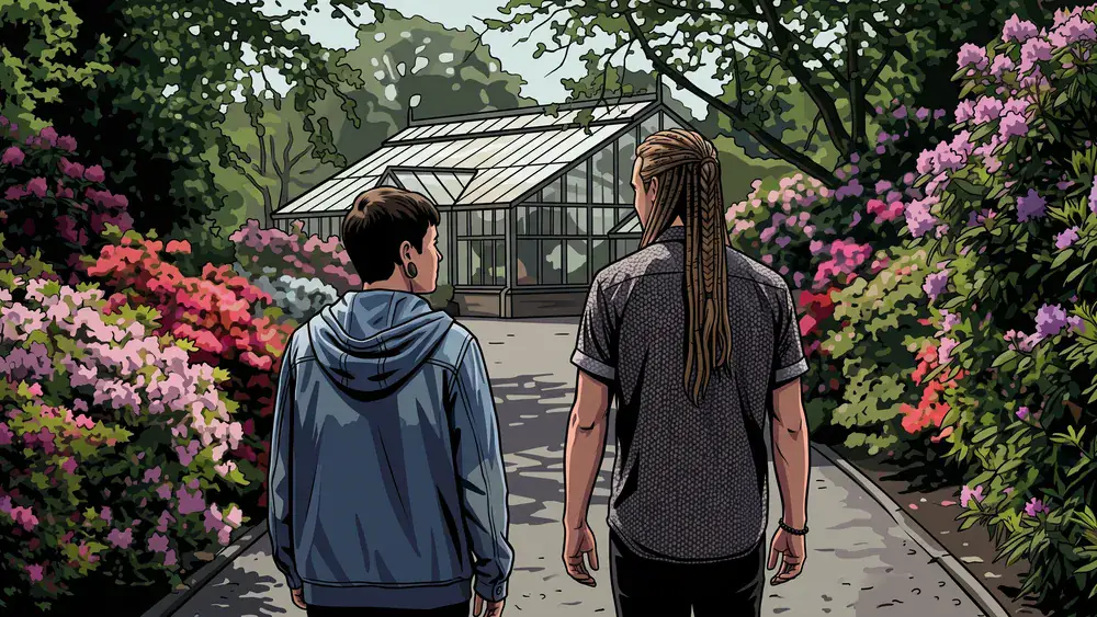 Botanischer Garten der TU Braunschweig – zwei Personen spazieren zwischen Blumenbeeten