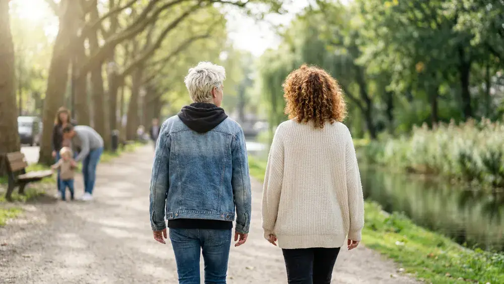 Bürgerpark in Braunschweig – Zwei Personen spazieren unter alten Bäumen am Oker-Umflutgraben