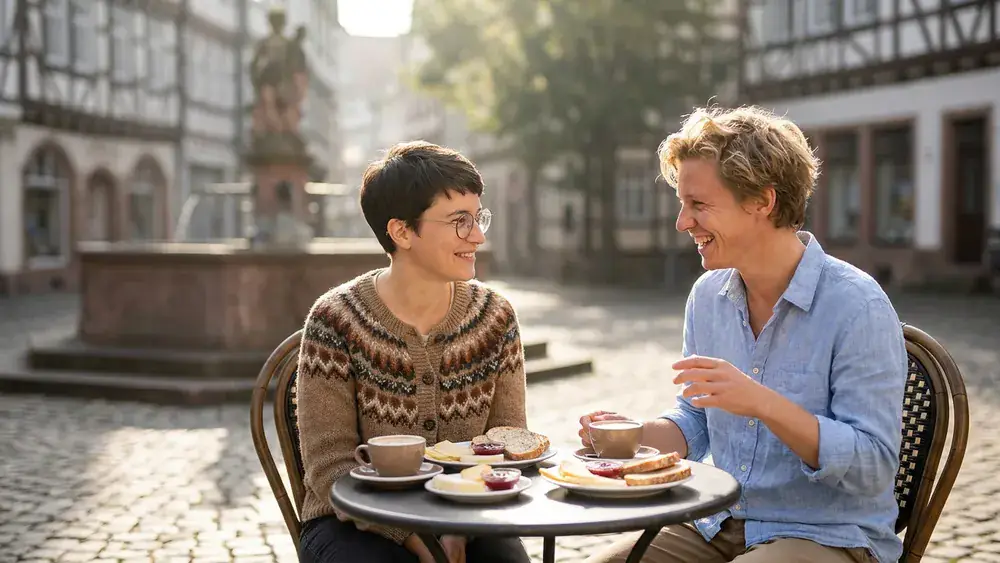 Café Tante Emmelie in Braunschweig – Zwei Personen brunchen draußen am Eulenspiegelbrunnen