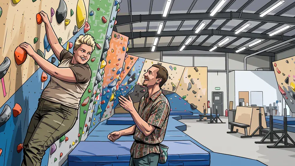 Greifhaus Boulderhalle in Braunschweig – zwei Personen klettern an bunten Griffen