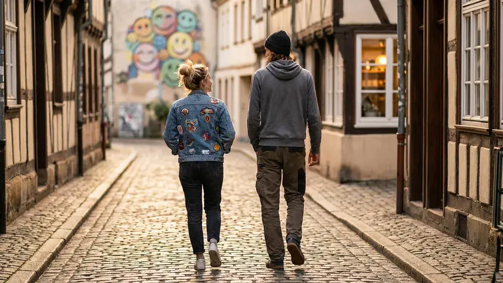 Magniviertel in Braunschweig – Fachwerkhäuser und Kopfsteinpflaster, Happy Rizzi House im Hintergrund
