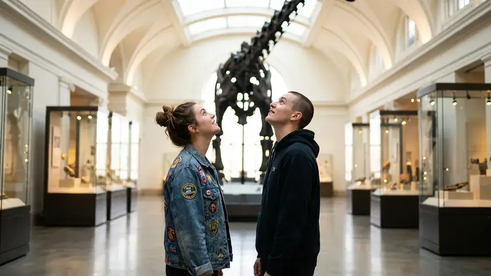 Naturhistorisches Museum in Braunschweig – zwei Personen bestaunen Dino-Skelett und Vitrinen