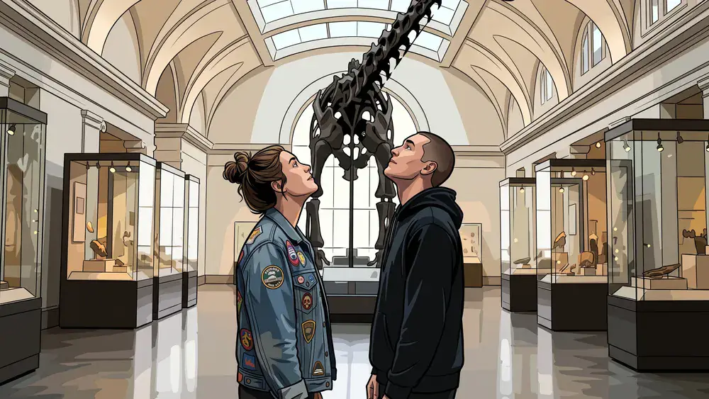 Naturhistorisches Museum in Braunschweig – zwei Personen bestaunen Dino-Skelett und Vitrinen