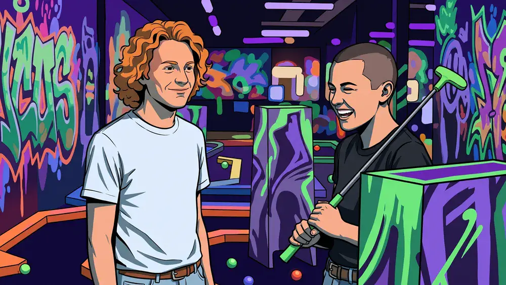 Schwarzlichtlöwen Minigolf in Braunschweig – zwei Personen spielen Minigolf unter UV-Licht