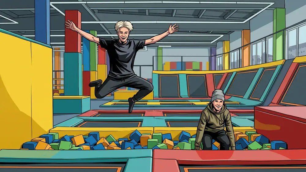 You Jump Trampolinpark in Braunschweig – zwei Personen springen auf bunten Trampolinen