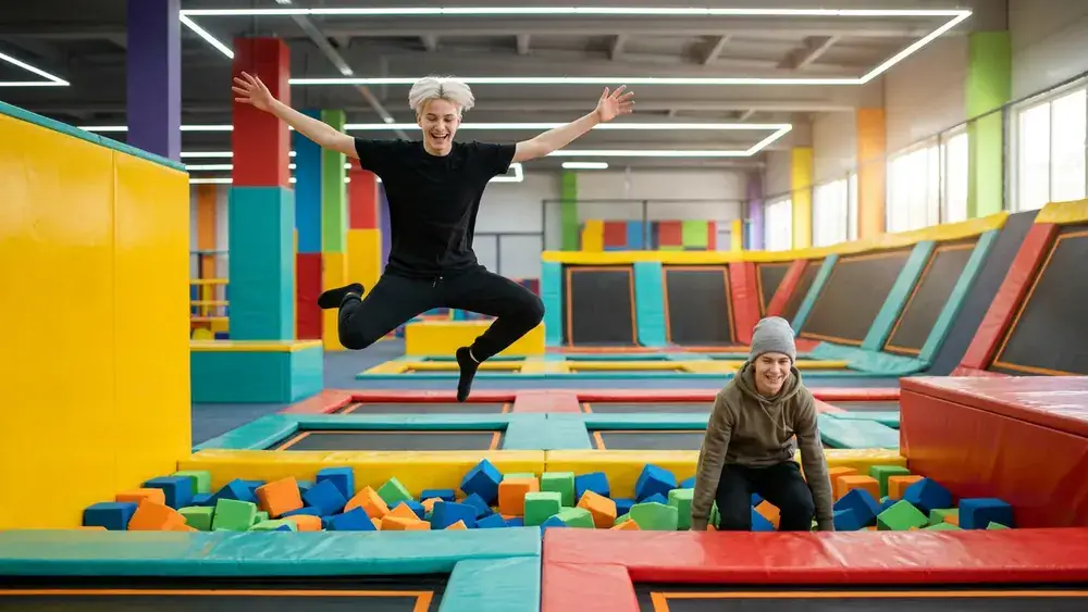You Jump Trampolinpark in Braunschweig – zwei Personen springen auf bunten Trampolinen