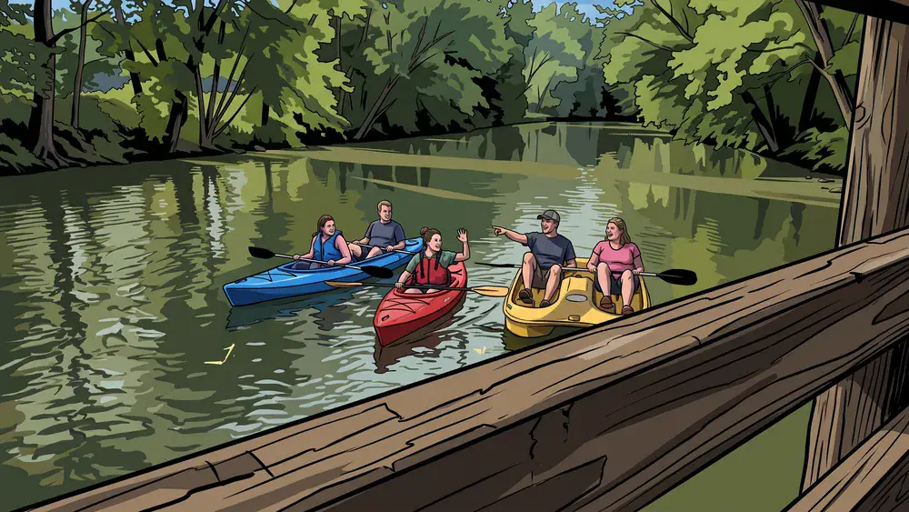 Bootsverleih auf der Oker in Braunschweig – Kollegen paddeln in mehreren Kajaks durch grüne Ufer