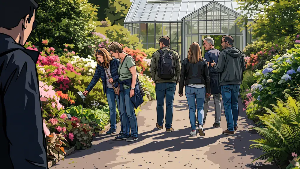 Botanischer Garten der TU Braunschweig – Kollegen spazieren zwischen Blumenbeeten