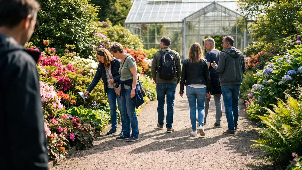 Botanischer Garten der TU Braunschweig – Kollegen spazieren zwischen Blumenbeeten