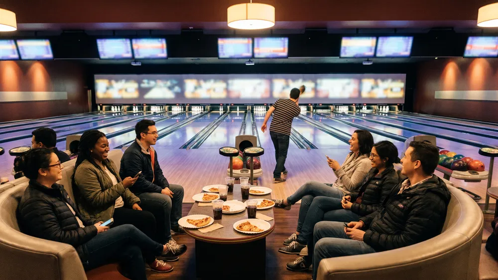 Bowling in Braunschweig – Team jubelt an einer Bahn im Bowlingcenter Strike24