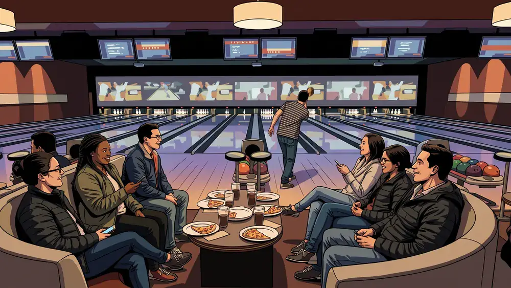 Bowling in Braunschweig – Team jubelt an einer Bahn im Bowlingcenter Strike24