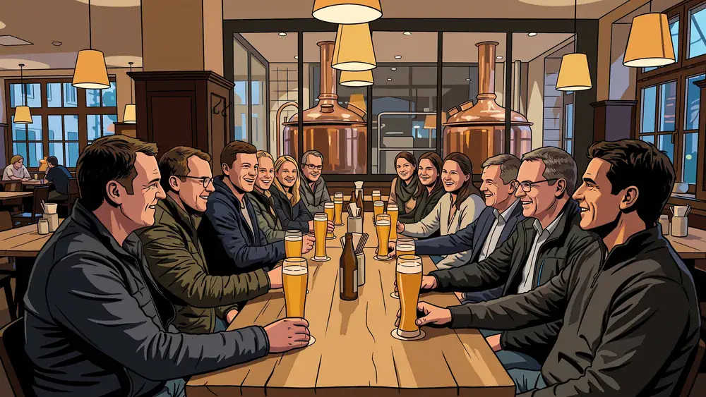 Schadt's Brauerei Braunschweig – Team trinkt hausgebrautes Bier an langen Tischen vor sichtbaren Kupferkesseln