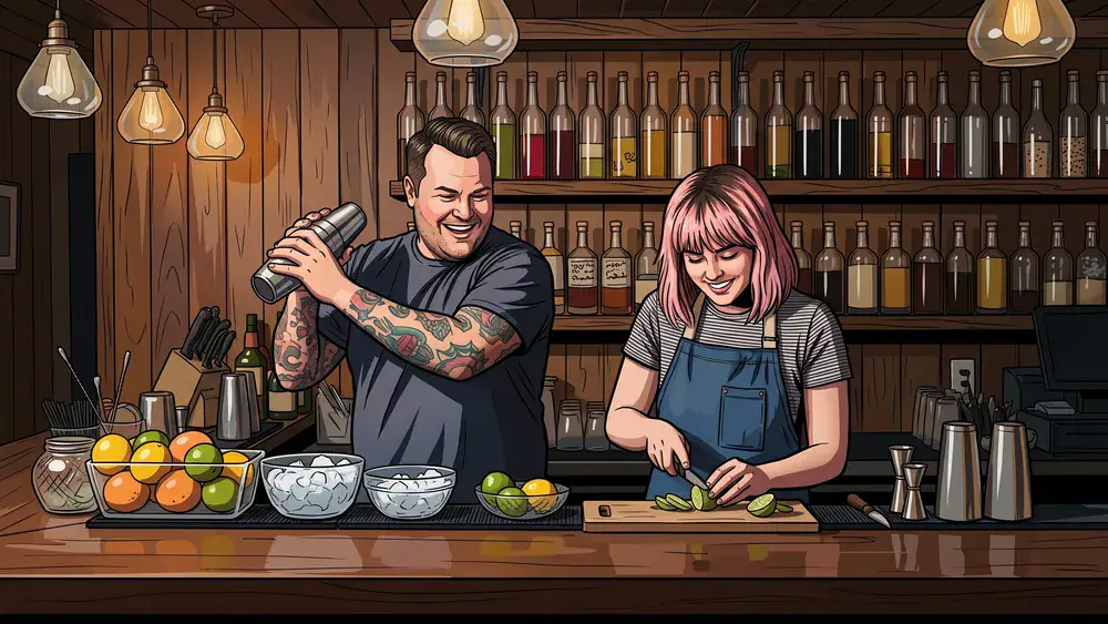 Cocktailkurs in Braunschweig – Team mixt Cocktails an einer Bar unter Anleitung in der Innenstadt