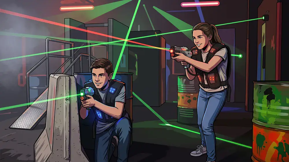 Lasertag in Braunschweig – Team in tactical vests spielt in einer dunklen Arena mit Neonlicht