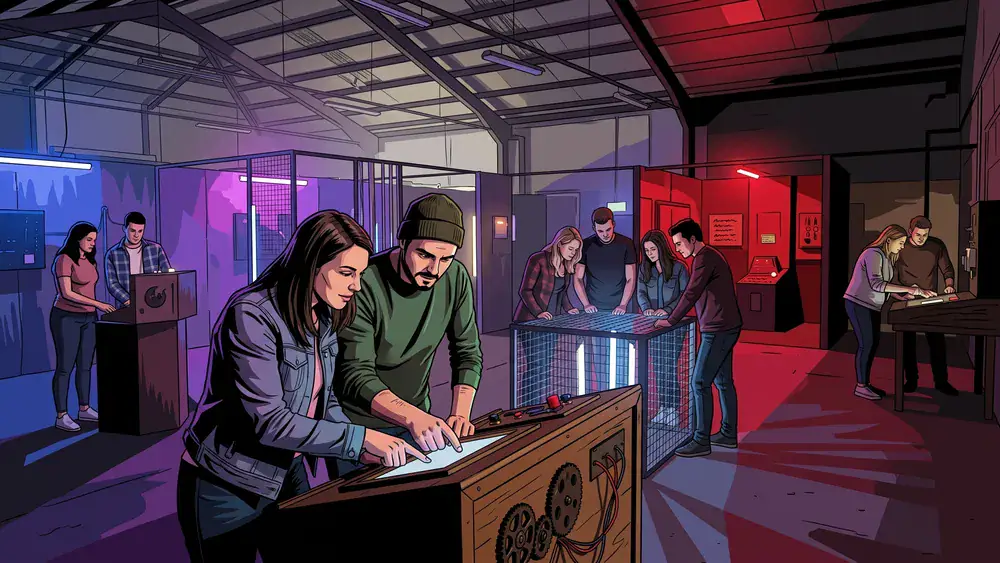 Mind Arena in Braunschweig – Team löst Rätsel an mehreren beleuchteten Stationen in einer großen Escape-Game-Halle