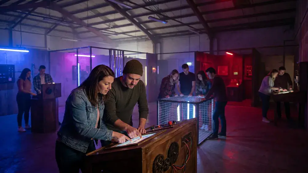 Mind Arena in Braunschweig – Team löst Rätsel an mehreren beleuchteten Stationen in einer großen Escape-Game-Halle