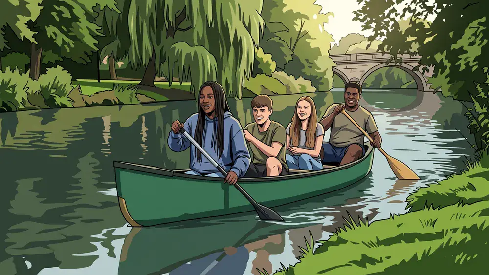 Kanutour auf der Oker in Braunschweig – Schüler paddeln in einem Kanu durch die grüne Innenstadt