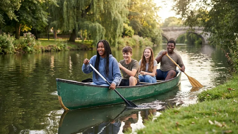 Kanutour auf der Oker in Braunschweig – Schüler paddeln in einem Kanu durch die grüne Innenstadt