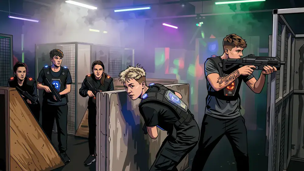 Lasertag in Braunschweig – Schüler mit Laserpistolen in einer dunklen Arena mit Neonlicht und Nebeleffekten