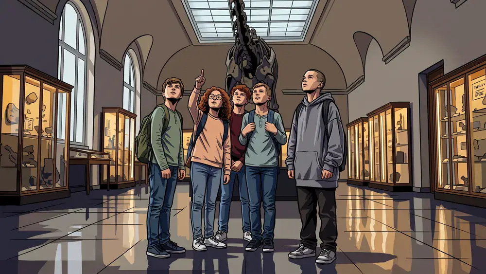 Naturhistorisches Museum in Braunschweig – Schulklasse bestaunt Dinosaurier-Skelett in heller Ausstellungshalle