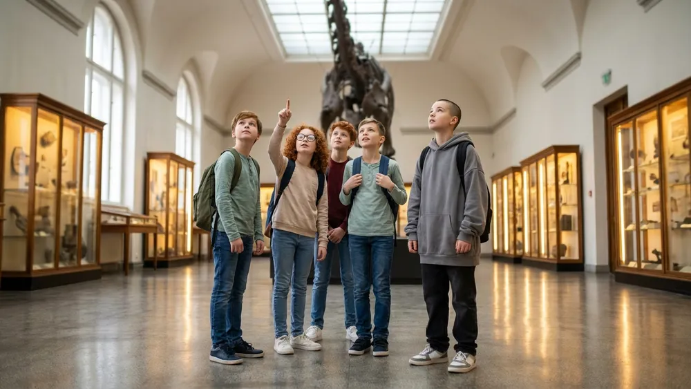 Naturhistorisches Museum in Braunschweig – Schulklasse bestaunt Dinosaurier-Skelett in heller Ausstellungshalle