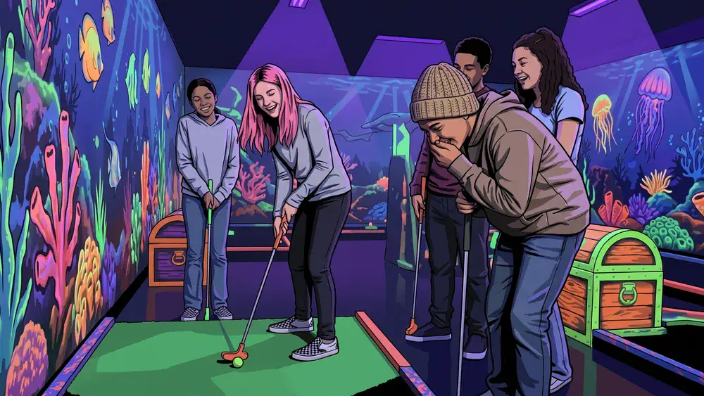 Schwarzlicht Minigolf in Braunschweig – Schüler spielen auf leuchtenden Bahnen unter UV-Licht