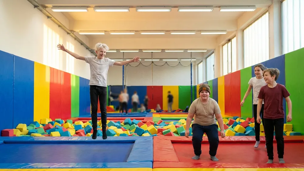 Trampolinpark in Braunschweig – Schulklasse springt auf bunten Trampolinen in einer großen Halle