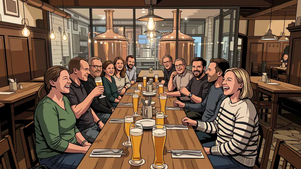 Schadt's Brauerei Braunschweig – Kollegen trinken hausgebrautes Bier an langen Tischen vor sichtbaren Kupferkesseln
