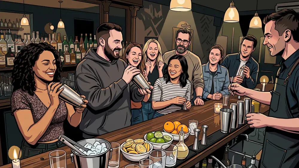 Cocktailkurs in Braunschweig – Kollegen mixen Cocktails an einer Bar unter Anleitung in der Innenstadt