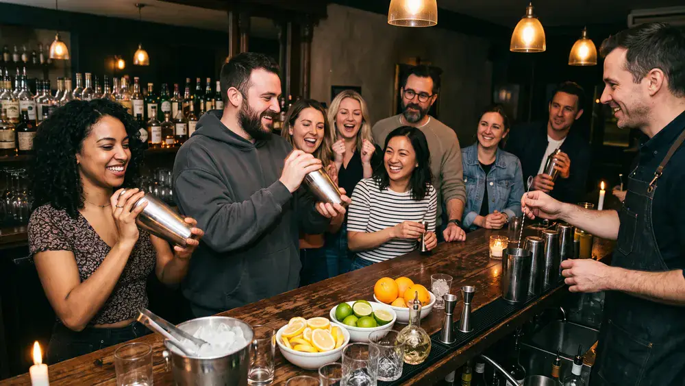 Cocktailkurs in Braunschweig – Kollegen mixen Cocktails an einer Bar unter Anleitung in der Innenstadt