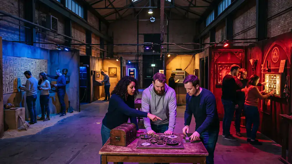 Mind Arena in Braunschweig – Kollegen lösen Rätsel an mehreren beleuchteten Stationen in einer großen Escape-Game-Halle