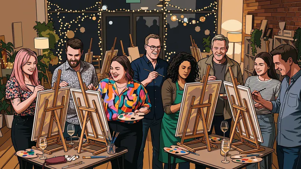 Painting Party in Braunschweig – Kollegen malen an Staffeleien mit Wein in gemütlicher Bar-Atmosphäre